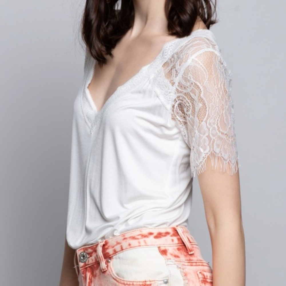 1left! Eyelash Lace casual V neck short sleeve top - Picture 2 of 8